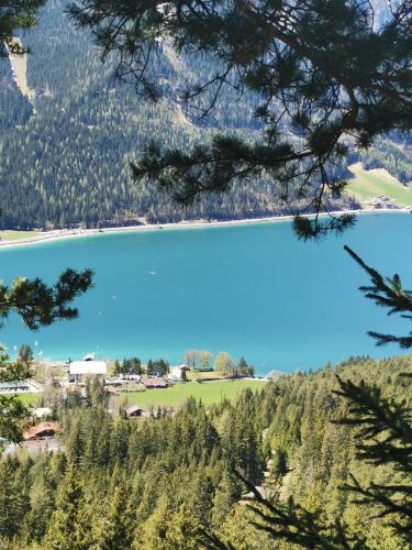 a view of a lake in the mountains at Haidacherhof in Eben am Achensee