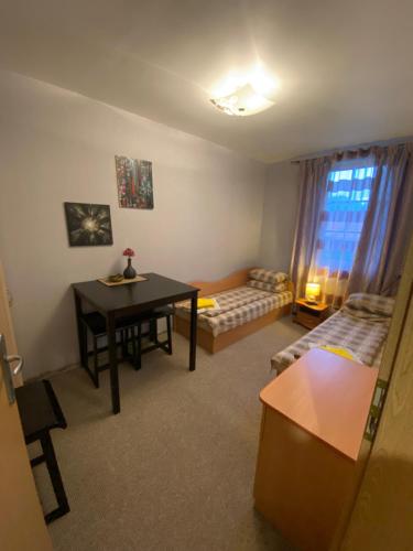 ein kleines Wohnzimmer mit einem Tisch und einem Sofa in der Unterkunft Ievos Kalno Apartamentai in Juodkrantė