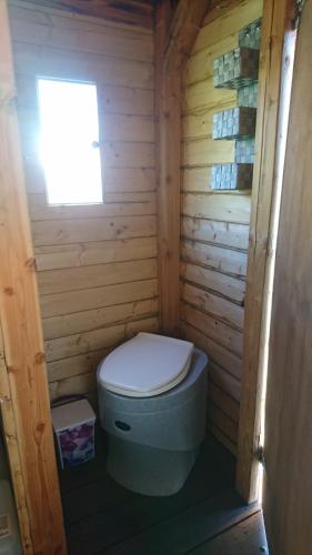 a bathroom with a toilet in a wooden cabin at Wasserlinie in Neuruppin