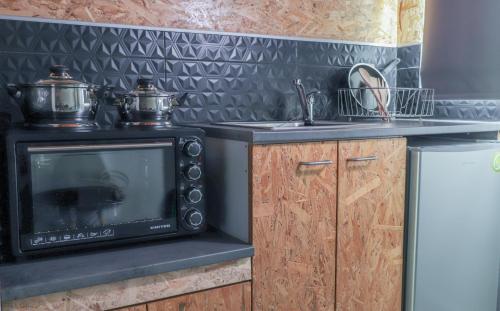 a kitchen with a microwave and a stove at Spitakia-Cozy & Comfy Apartments 10minutes from the airport in Artemida