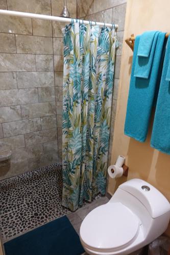 a bathroom with a shower curtain and a toilet at Bungalows Casa Blanca in La Manzanilla