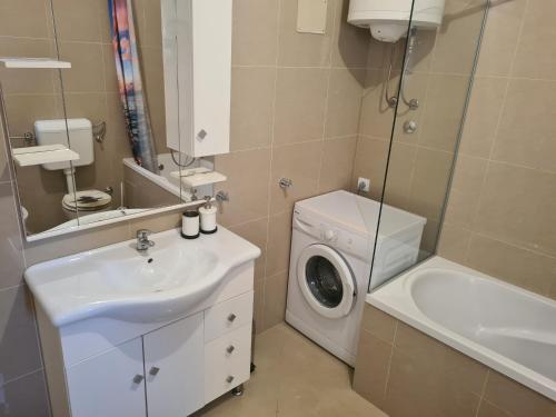 a bathroom with a sink and a washing machine in it at Family Apartment in Rijeka