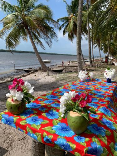 a blanket on a beach with flowers on it at Pousadinha da Lulu - Pontal Mangue Seco in Indiaroba