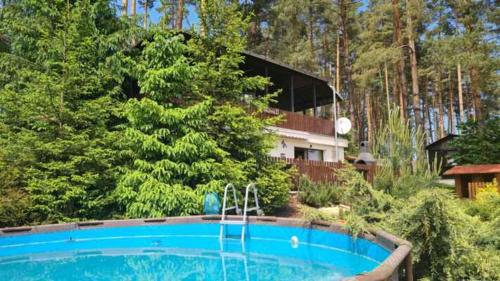 una piscina di fronte a una casa alberata di Chata u rybníka - Chrastná a Osečná