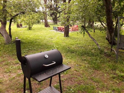 a black purse sitting on a bench in a park at Guest House Iaraji in Tʼianetʼi