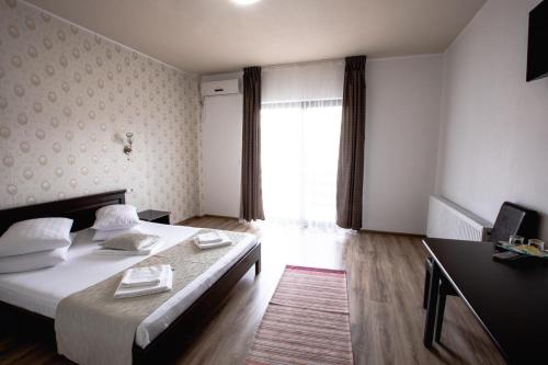 a bedroom with a bed and a desk and a window at Pensiunea Mirific in Dubova