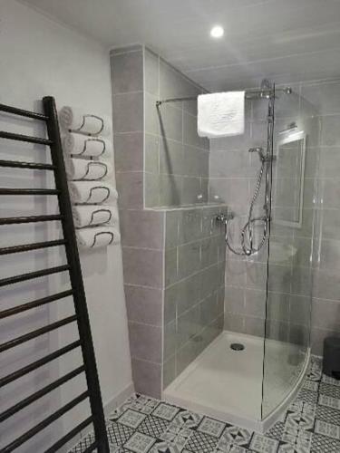 een badkamer met een douche en een glazen douchecabine bij Le cottage de l'étang in Le Tablier