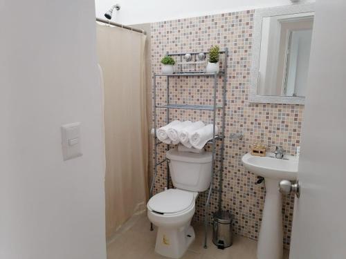 une salle de bains avec toilettes et lavabo dans l'établissement Corte de Los Angeles, à Puerto Morelos