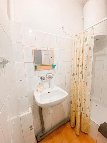 a bathroom with a sink and a mirror and a shower at Schronisko Młodzieżowe PTSM "Alko" in Rzeszów