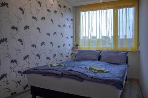a bedroom with a bed with blue sheets and a window at Beautiful air-conditioned apartment in the centre in Debrecen