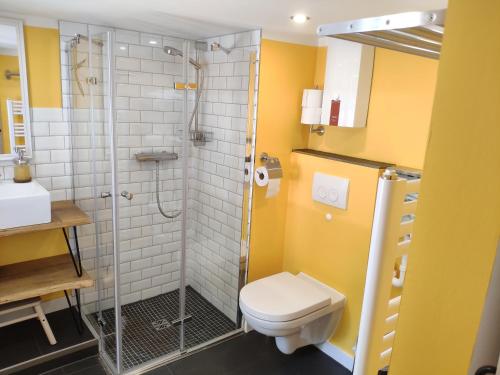 a bathroom with a toilet and a glass shower at Hübingen Cottage in Hübingen
