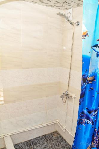 a shower with a blue shower curtain in a bathroom at Tree House & Camping Goris in Goris