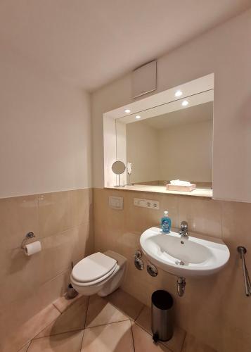 a bathroom with a sink and a toilet and a mirror at Dünenzauber in Karlshagen
