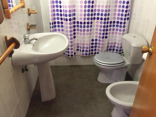 La salle de bains est pourvue d'un lavabo, de toilettes et d'un rideau de douche. dans l'établissement Apartamentos Columbretes 3000, à Oropesa del Mar