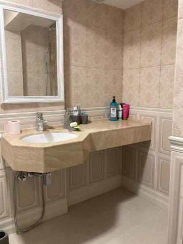 a bathroom with a sink and a mirror at Erik's Guest House in Borjomi