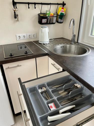 an open drawer in a kitchen with a sink at Teitupes, brīvdienu mājas pie jūras in Ķesterciems