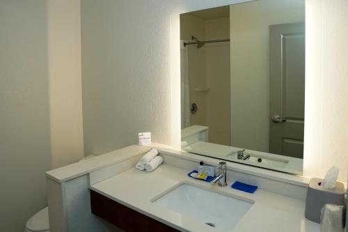 a bathroom with a sink and a large mirror at Holiday Inn Express & Suites - Aurora Medical Campus by IHG in Aurora