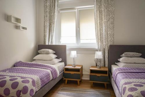 Un dormitorio con dos camas y una ventana. en BELLA Rosa, en Opole