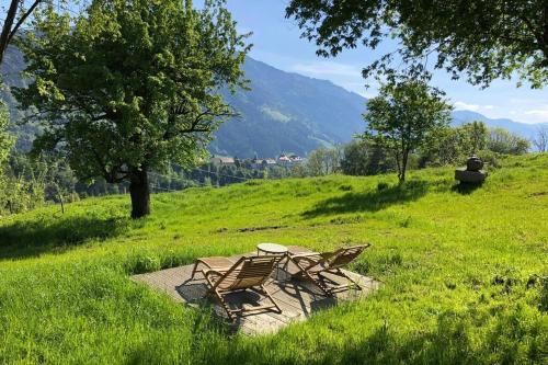 two chairs and a table in a field of grass at Lutzmannalm in Lassing