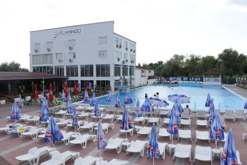 a pool with chairs and umbrellas in front of a hotel at Flamingo Resort in Belgrade