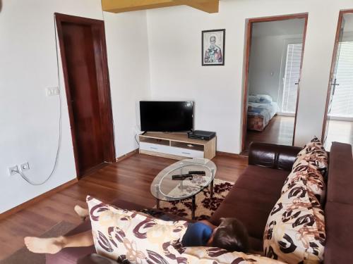 salon z kanapą i szklanym stołem w obiekcie Apartments Zora i Veselin w mieście Herceg Novi