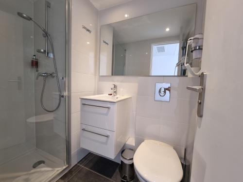 a bathroom with a shower and a toilet and a sink at Oskar Hotel in Annemasse