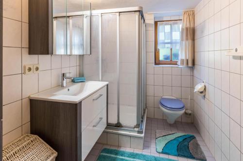 a bathroom with a sink and a shower and a toilet at Ferienwohnung Holl-Horn in Gaienhofen