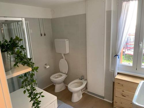 a small bathroom with a toilet and a sink at Da Giulia e Pietro Antonio in Pianazzo