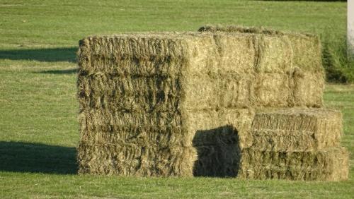 a stack of hay sitting in a field at Heufelder Hof in Bruckmühl