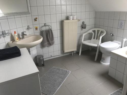 バラトンアルマーディにあるMárta Apartmanの小さなバスルーム(洗面台、トイレ付)