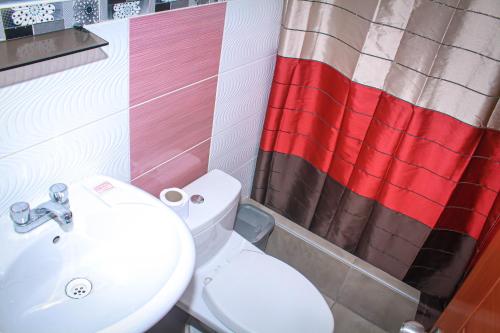 a bathroom with a toilet and a sink and a shower curtain at Hotel Virgen del Carmen - Huaraz in Huaraz
