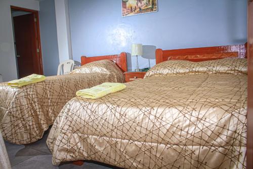 瓦拉斯的住宿－Hotel Virgen del Carmen - Huaraz，一间卧室配有两张带黄毛巾的床。