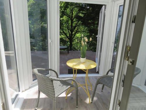 einen Tisch, zwei Stühle und eine Vase mit Blumen in der Unterkunft Villa Grassenberg in Marburg an der Lahn