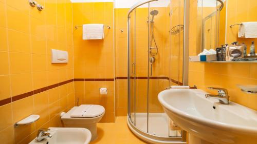 een badkamer met een wastafel, een toilet en een douche bij Prealpi Hotel in San Vendemiano