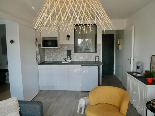 a kitchen with a dog sitting in a chair in a living room at Plage Cabourg 5bis in Cabourg