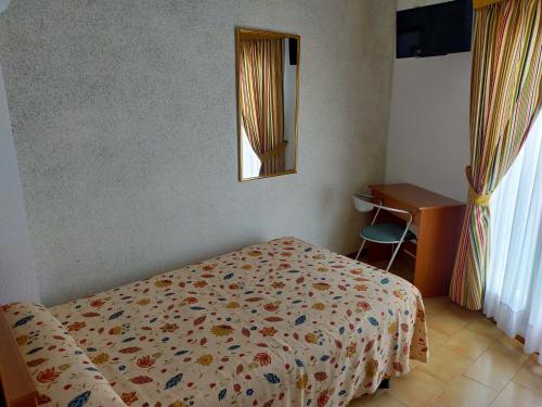 een slaapkamer met een bed, een spiegel en een bureau bij Hostal Casa Pepe in Tauste