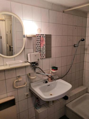 a bathroom with a sink and a mirror at Apartmány v centru u Moravců in Třeboň