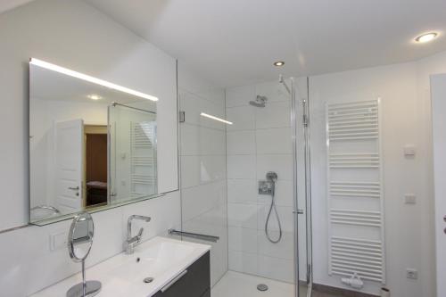 un bagno con doccia, lavandino e specchio di Schilfkante - Am Ufer a Wieck