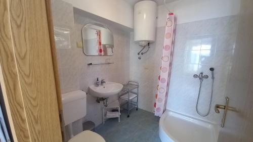 uma casa de banho com um lavatório, um WC e um chuveiro em Apartmani Antonini 2 em Živogošće