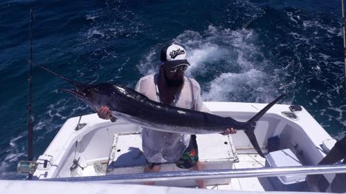 un hombre sosteniendo un pez en un barco en Caribbean and sun Punta Cana, en Punta Cana
