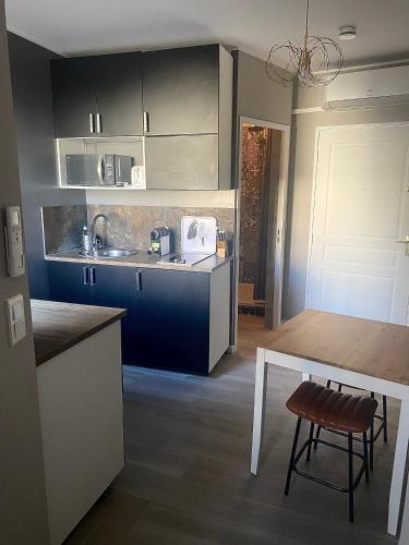 - une cuisine avec un évier et une table dans une chambre dans l'établissement Studio Magali, à Tarascon
