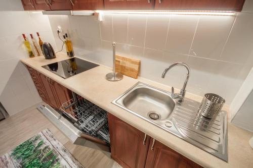 a kitchen with a sink and a counter top at Dworek Pod Jodłami in Zakopane