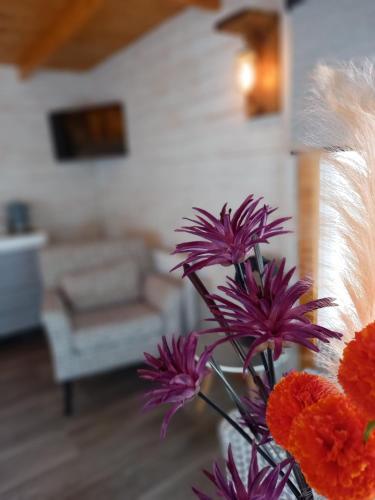 a vase with purple and orange flowers in a living room at Sandy Toes Accommodation in Par