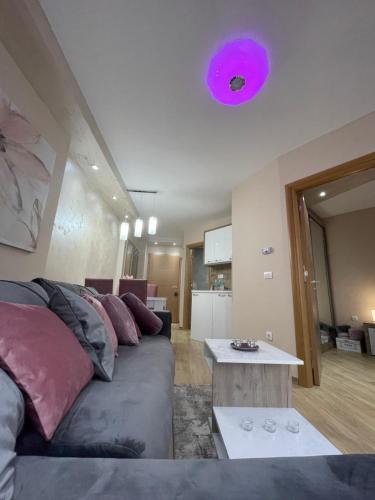 ズラティボールにあるLux Apartman Gondola 94 -KLIMATIZOVANの天井に紫色のフリスビーが飾られたリビングルーム