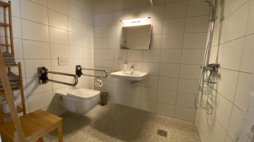 a bathroom with a toilet and a sink at Blaue Perle Templin in Templin