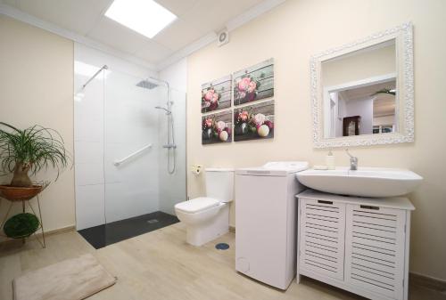 łazienka z umywalką, toaletą i lustrem w obiekcie Apartamento Romero Garden B w mieście Villanueva de Arosa