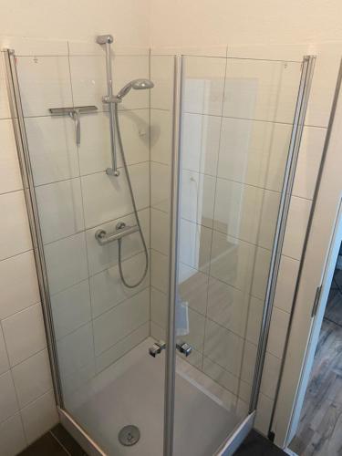 a shower with a glass door in a bathroom at Ferienwohnung Robbe in Wilhelmshaven