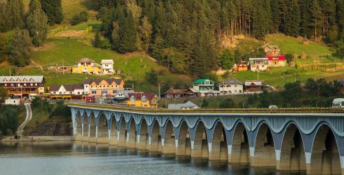 a bridge over a river with houses and a town at Cabanute pitoresti Poiana Largului in Poiana Teiului