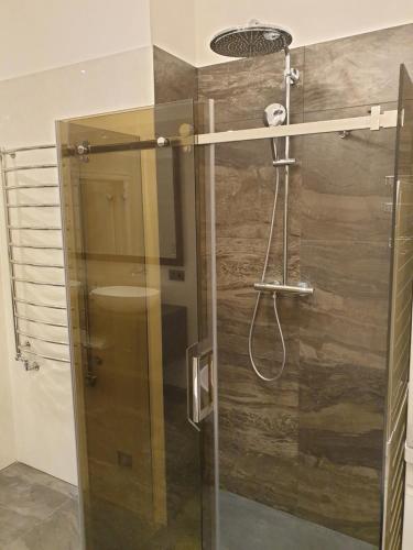 a shower with a glass door in a bathroom at MARBEO 5 Star Luxury Suites - Peldu in Liepāja