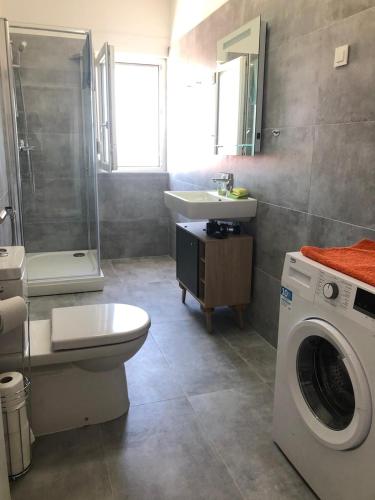 a bathroom with a toilet a sink and a washing machine at Priscilla Apartment in Ražanac